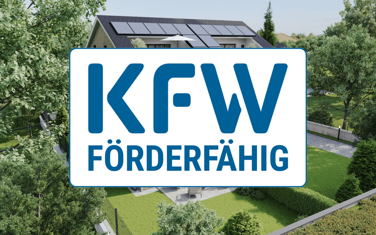 Außenansicht des Bauprojekt An der Villa überlegt mit dem Logo der KFW zur Darstellung der Förderung durch die KFW Bank.