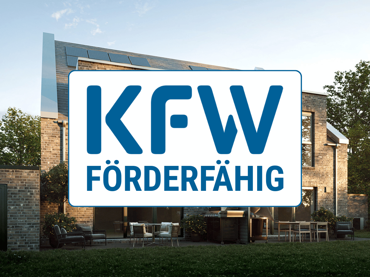 Außenansicht des Bauprojekt Obernaulander Gärten überlegt mit dem Logo der KFW zur Darstellung der Förderung durch die KFW Bank.