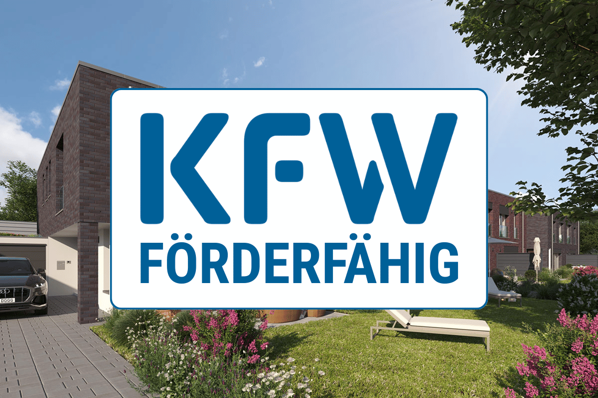Außenansicht des Bauprojekt Stadtländer Bogen überlegt mit dem Logo der KFW zur Darstellung der Förderung durch die KFW Bank.